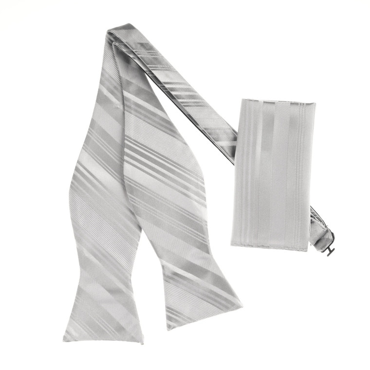 Silver Embossed Stripes Self Tie 100% Silk Bow Tie Set