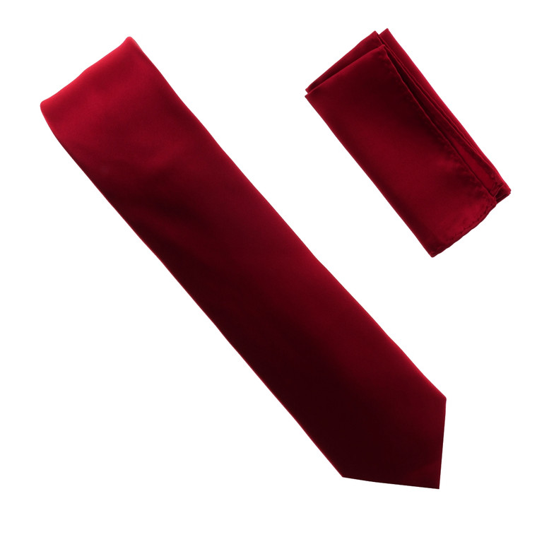 Antonia 100% Satin Silk Necktie with Pocket Square - Burgundy Red