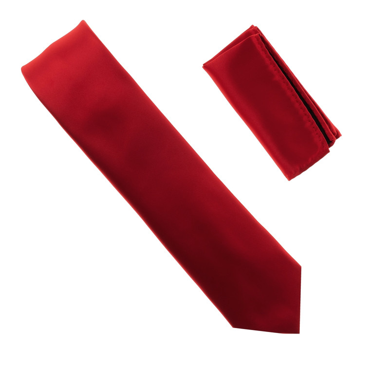 Antonia 100% Satin Silk X-Long Necktie with Pocket Square - Scarlet Red