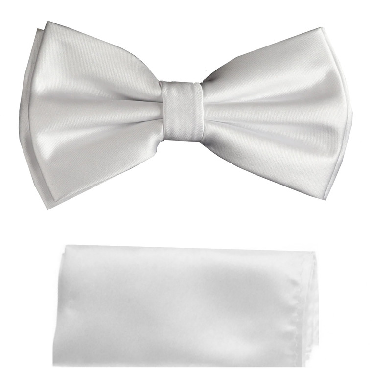 White Satin 100% Silk Pre-Tied Silk Bow Tie Set