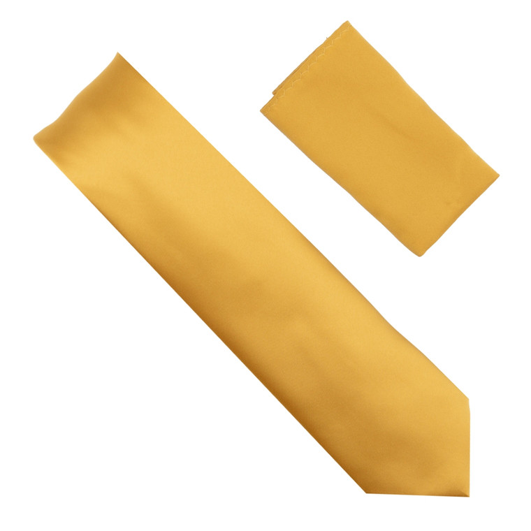 100% Satin Silk X-Long Necktie with Pocket Square - Gold