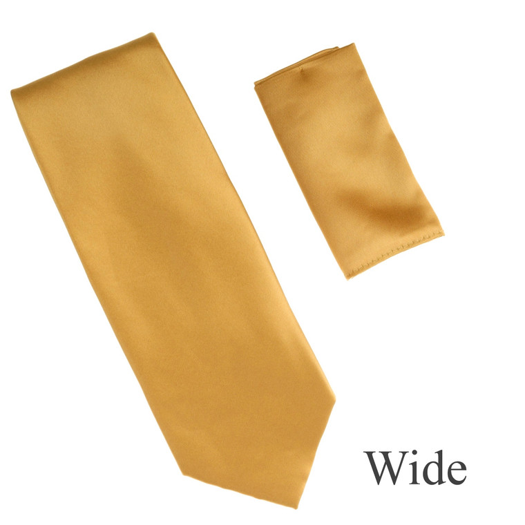 100% Satin Silk Wide Necktie with Pocket Square - Gold