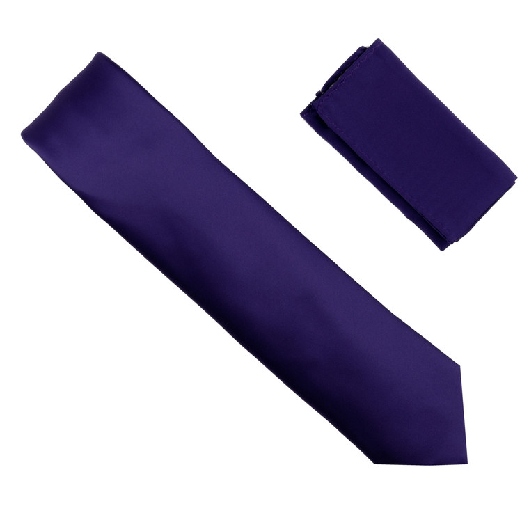 Antonia 100% Satin Silk X-Long Necktie with Pocket Square - Dark Purple