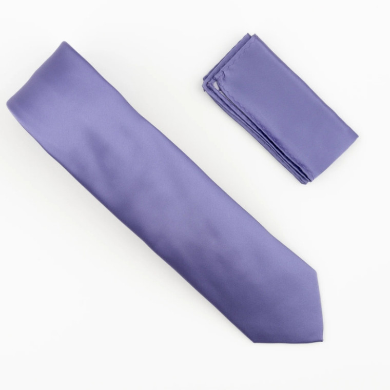 Antonia 100% Satin Silk Necktie with Pocket Square - Light Purple