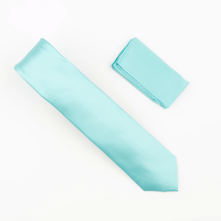 Antonia 100% Satin Silk Necktie with Pocket Square - Light Aquamarine