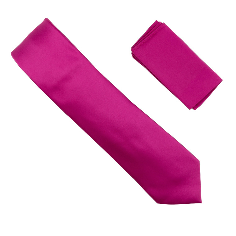 Antonia 100% Satin Silk Necktie with Pocket Square - Fuchsia Pink