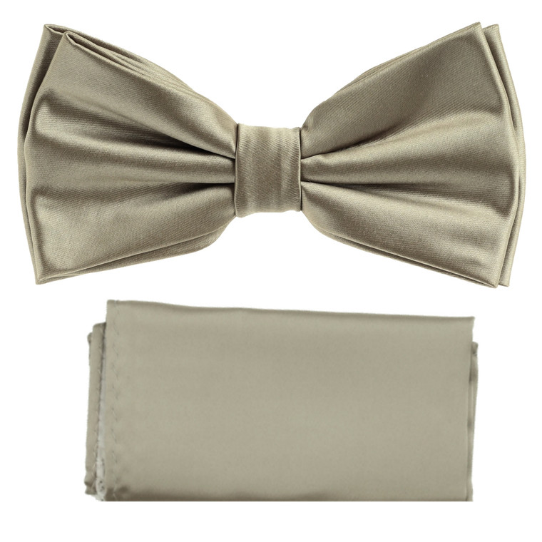 Beige Satin 100% Silk Pre-Tied Silk Bow Tie Set