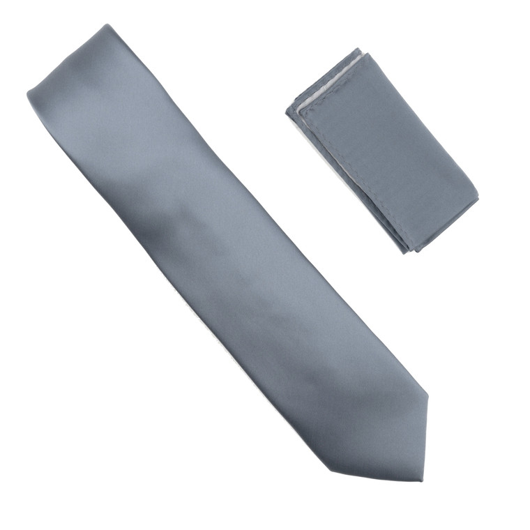 Antonia 100% Satin Silk Necktie with Pocket Square - Slate Blue-Grey