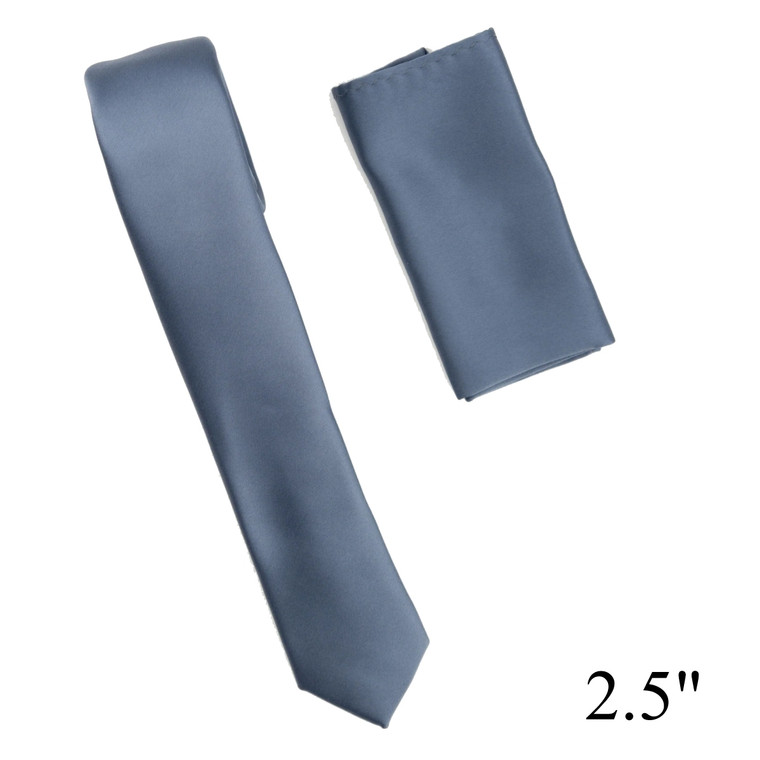 100% Satin Silk Skinny Necktie with Pocket Square - Slate Blue-Grey