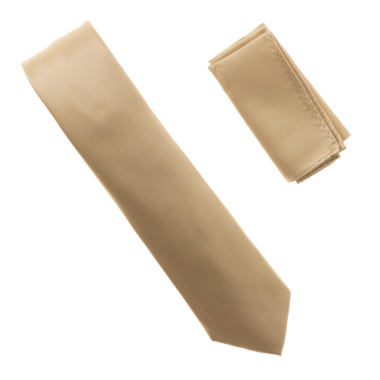 Antonia 100% Satin Silk X-Long Necktie with Pocket Square - Champagne