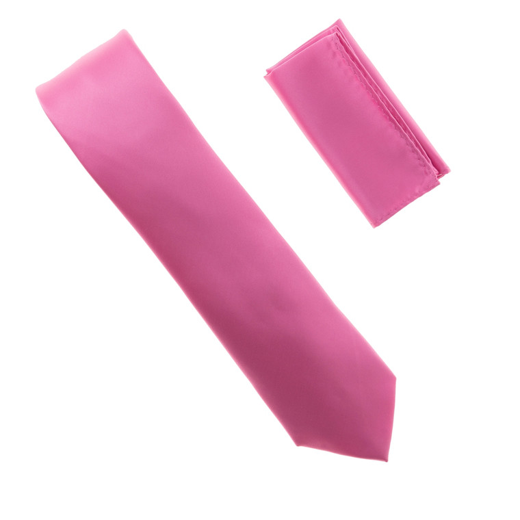 Antonia 100% Satin Silk X-Long Necktie with Pocket Square - Pink