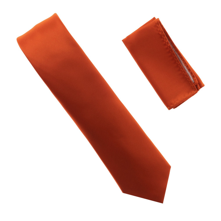 Antonia 100% Satin Silk Necktie with Pocket Square - Copper Orange