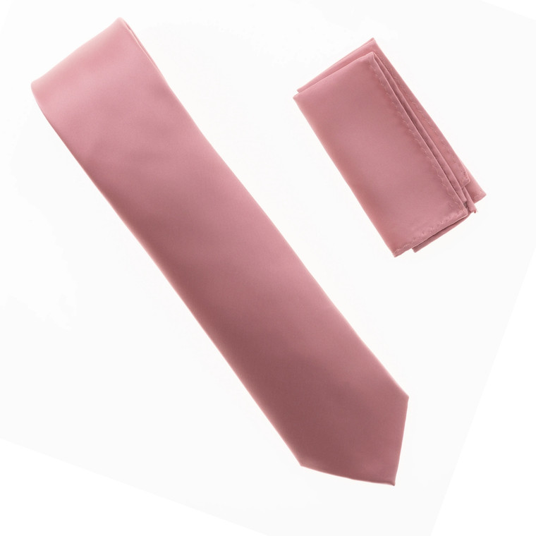 Antonia 100% Satin Silk X-Long Necktie with Pocket Square - Rose Pink