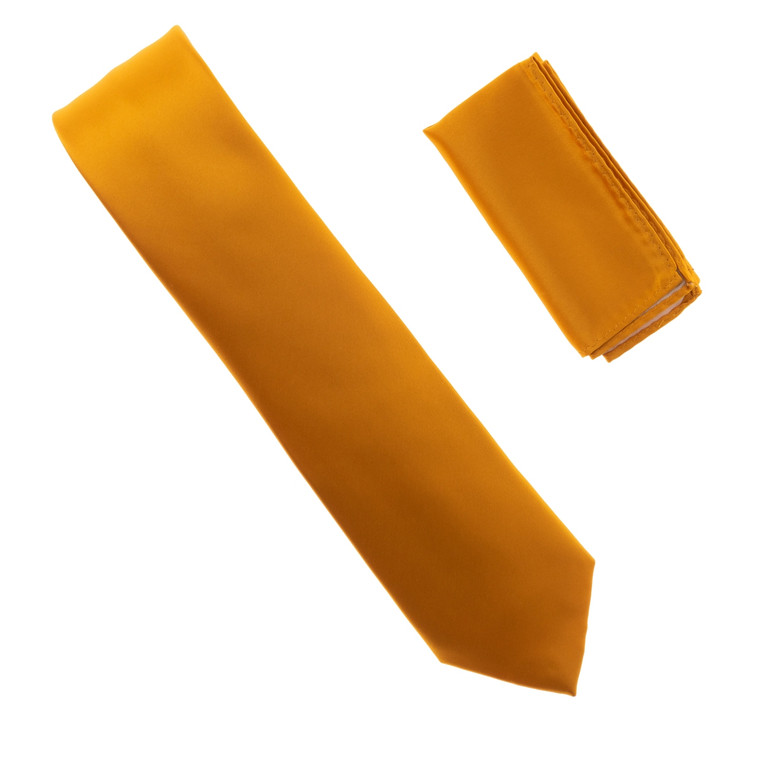 Antonia 100% Satin Silk X-Long Necktie with Pocket Square - Marigold