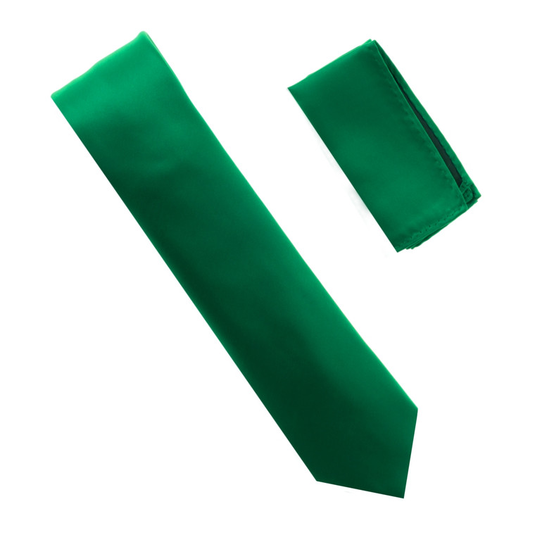 Antonia 100% Satin Silk Necktie with Pocket Square - Emerald Green
