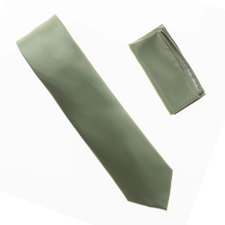 Antonia 100% Satin Silk X-Long Necktie with Pocket Square - Olive