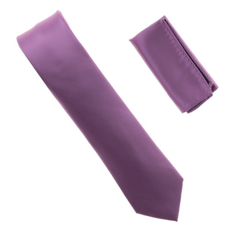 Antonia 100% Satin Silk X-Long Necktie with Pocket Square - Lilac Purple