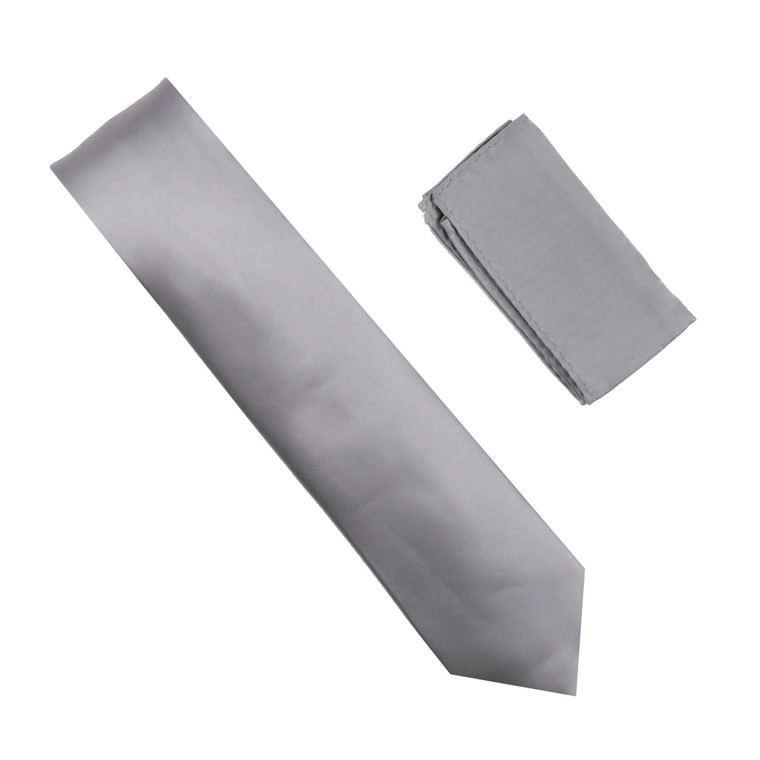 Antonia 100% Satin Silk Necktie with Pocket Square - Grey