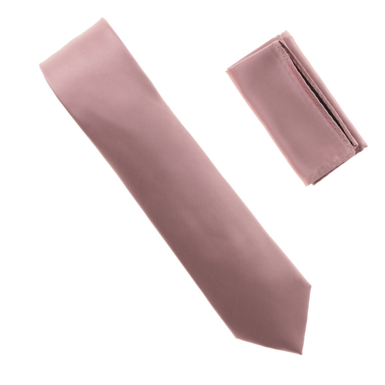  Antonia 100% Satin Silk X-Long Necktie with Pocket Square - Mauve Pink