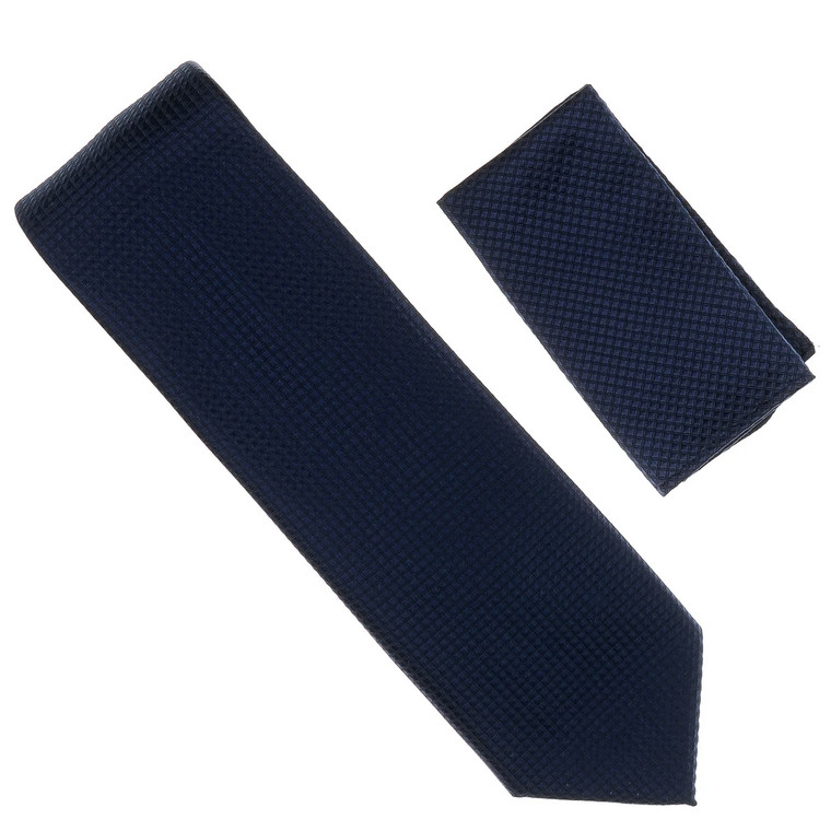 Antonia 100% Silk Grid Weave Necktie with Pocket Square - Navy Blue
