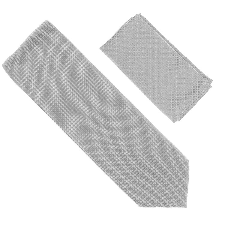Antonia 100% Silk Grid Weave Necktie with Pocket Square - Silver Grey