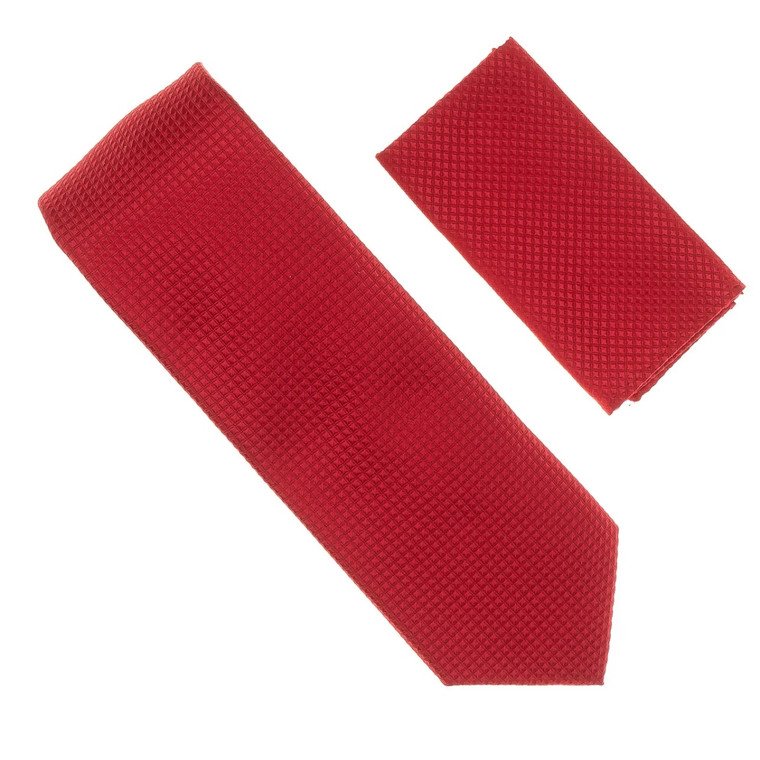 Antonia 100% Silk Grid Weave Necktie with Pocket Square - Red