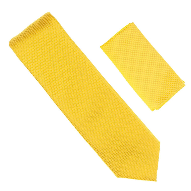 Antonia 100% Silk Grid Weave Necktie with Pocket Square - Canary Yellow