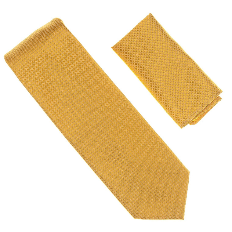 Antonia 100% Silk Grid Weave Necktie with Pocket Square - Gold