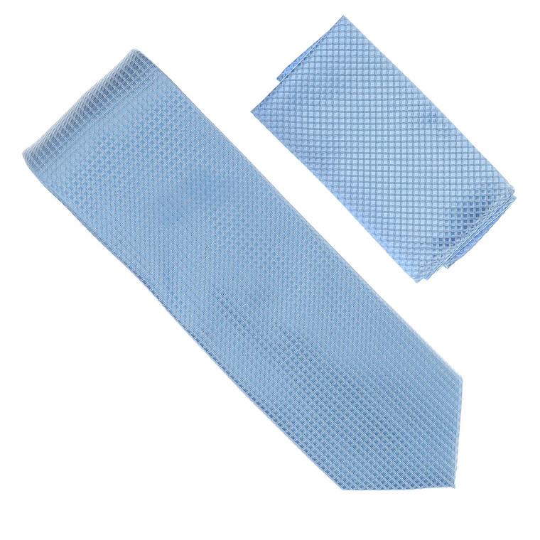 Antonia 100% Silk Grid Weave X-Long Necktie with Pocket Square - Light Blue