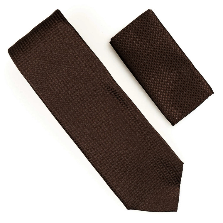Antonia 100% Silk Grid Weave X-Long Necktie with Pocket Square - Brown