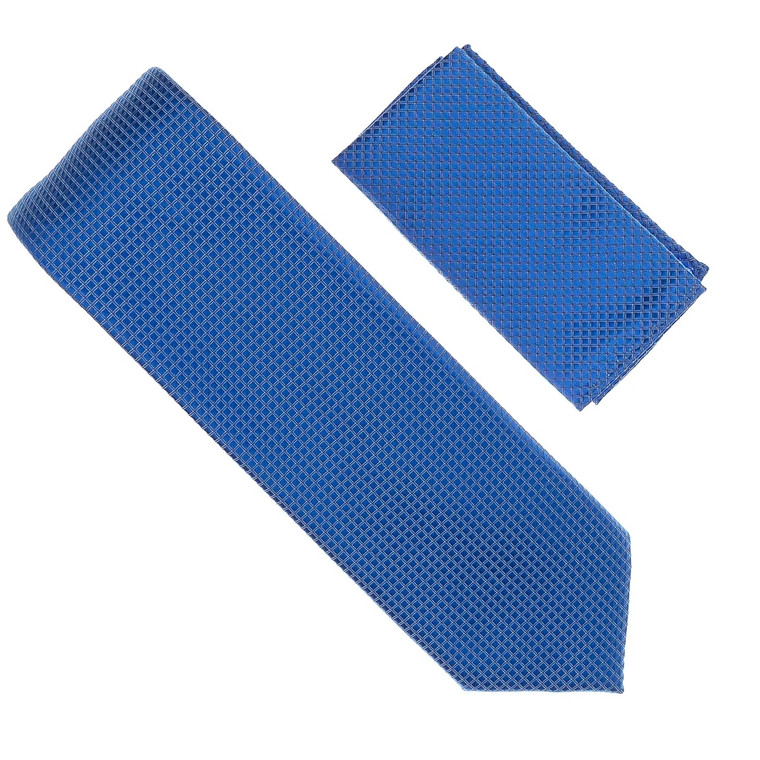 Antonia 100% Silk Grid Weave X-Long Necktie with Pocket Square - Blue