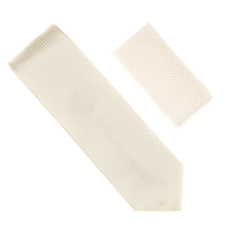 Antonia 100% Silk Grid Weave X-Long Necktie with Pocket Square - Ivory