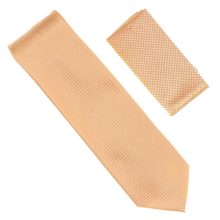 Antonia 100% Silk Grid Weave X-Long Necktie with Pocket Square - Peach