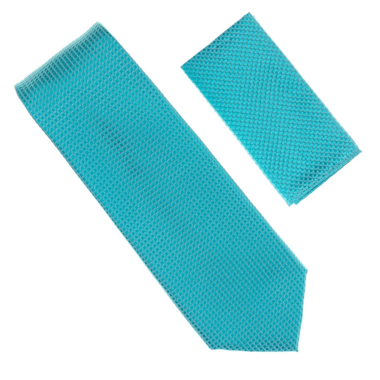 Antonia 100% Silk Grid Weave X-Long Necktie with Pocket Square - Turquoise