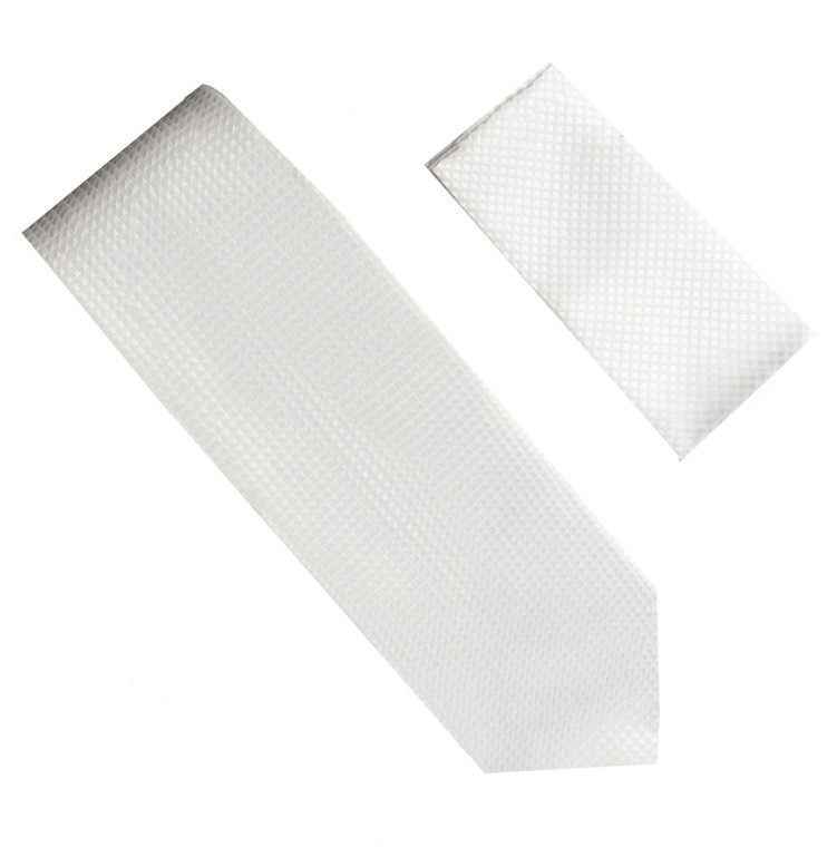  Antonia 100% Silk Grid Weave X-Long Necktie with Pocket Square - White