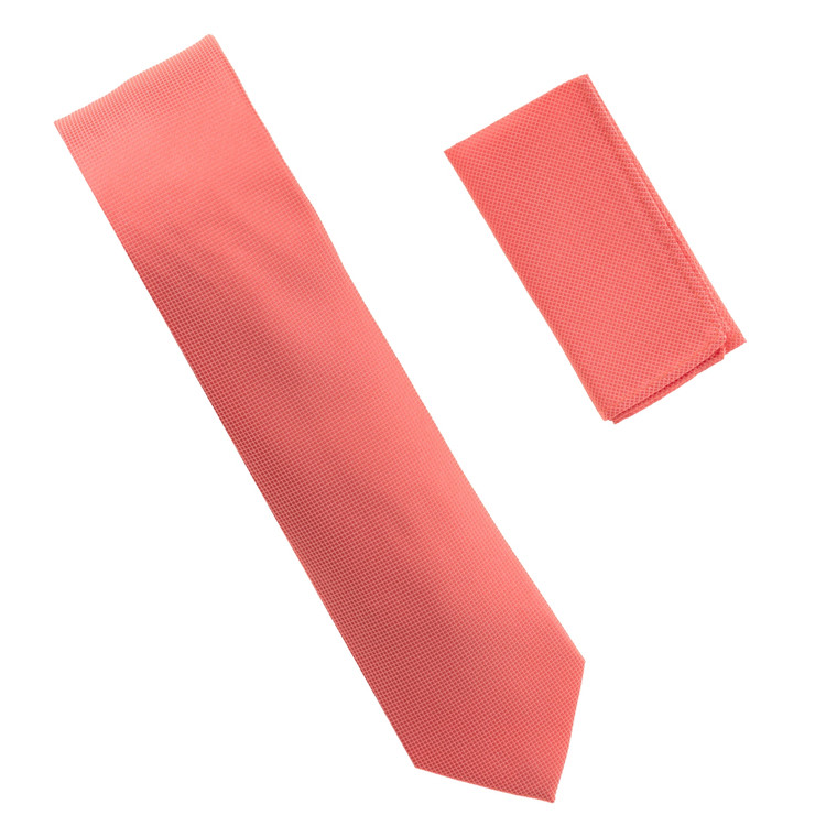 Antonia 100% Silk Pin Dot Weave Necktie with Pocket Square - Coral