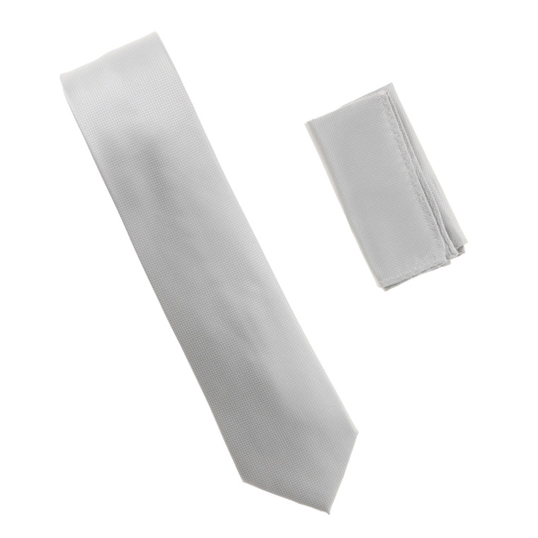 Antonia 100% Silk Pin Dot Weave Necktie with Pocket Square - Platinum Grey