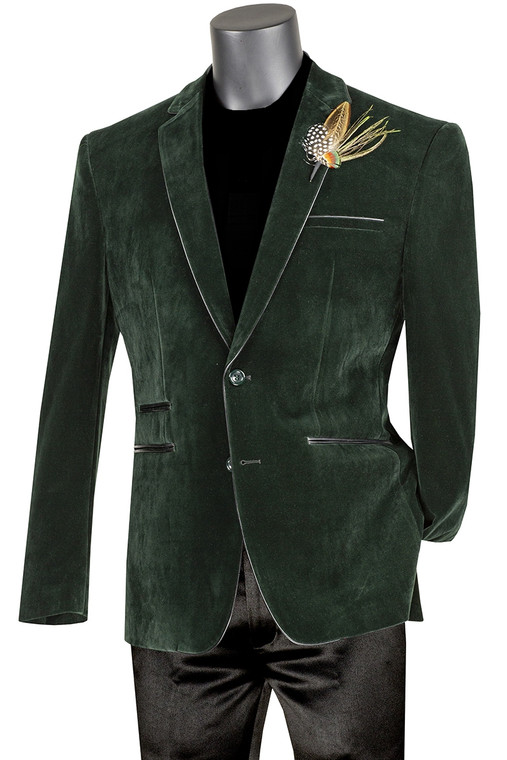 Vinci Trimmed Dark Green Velvet Slim Fit Sportcoat