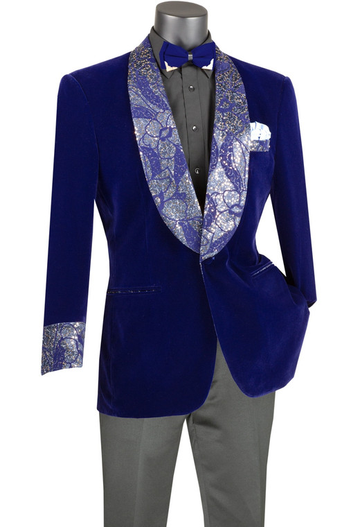 Vinci Ornate Lapel & Cuff Blue Velvet  Sportcoat