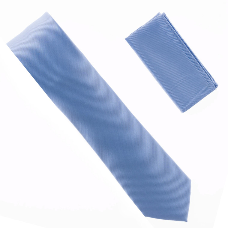 100% Silk Diagonal Weave X-Long Necktie with Pocket Square - Sky Blue