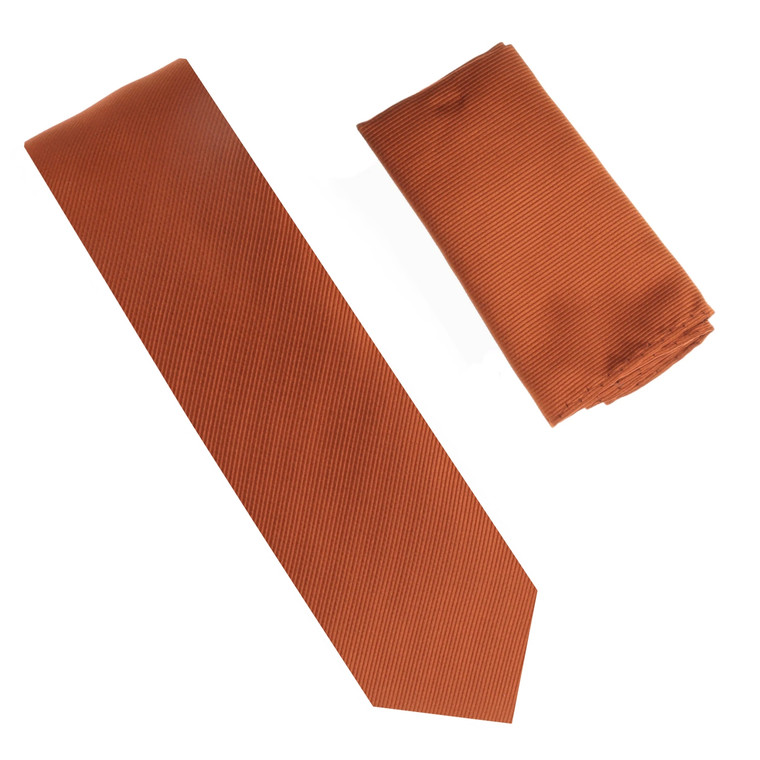 100% Silk Diagonal Weave X-Long Necktie with Pocket Square - Copper
