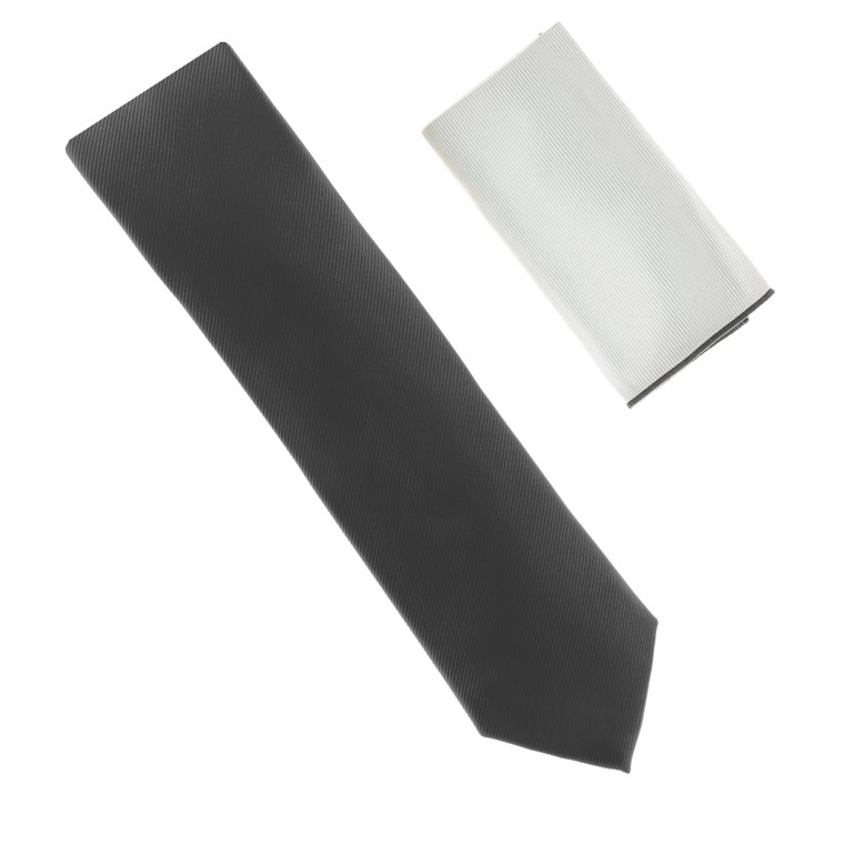 100% Silk Diagonal Weave Necktie with White Pocket Square - Charcoal
