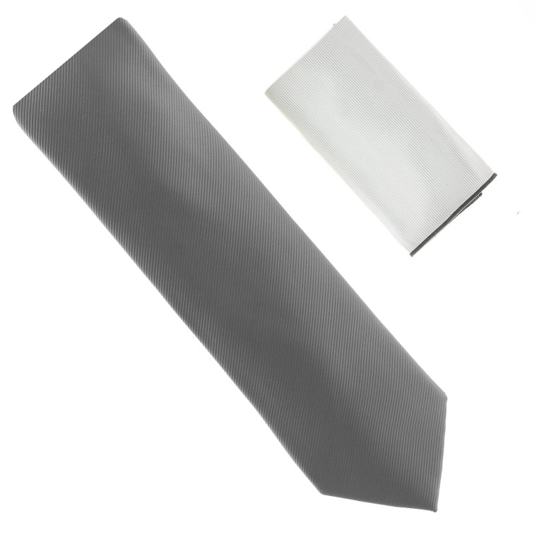 100% Silk Diagonal Weave Necktie with White Pocket Square - Dark Grey