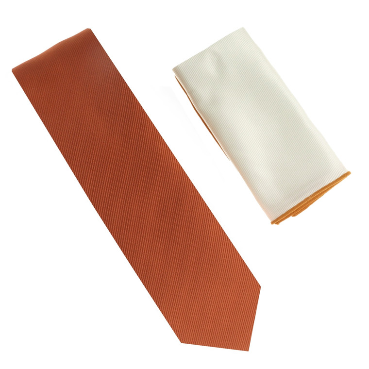100% Silk Diagonal Weave Necktie with White Pocket Square - Copper