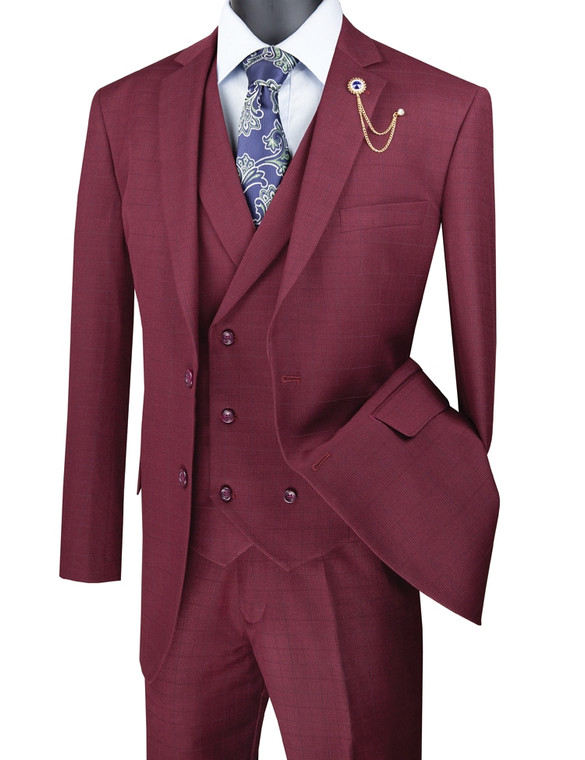 Vinci 2-Button Burgundy Windowpane with Double-breasted Vest Suit