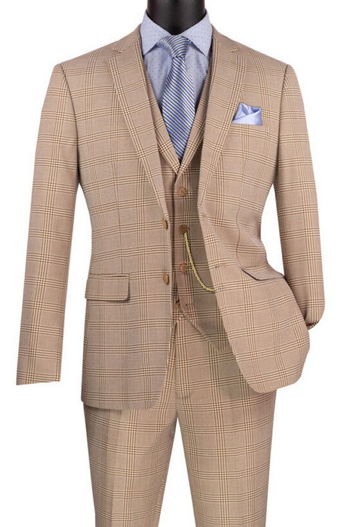 Vinci Beige Windowpane Suit with Low-Cut Vest - Slim Fit