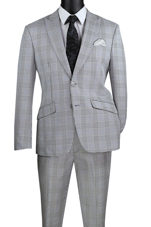 Vinci 2-Button Grey Glenplaid Peak Lapel Suit - Slim Fit