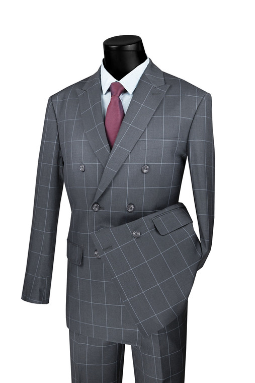 Vinci Modern Trim Fit Double-Breasted Suit - Grey Windowpane