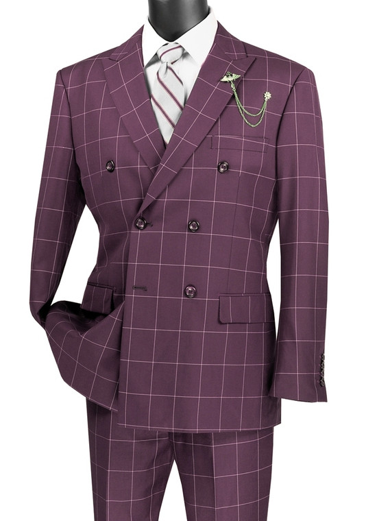 Vinci Modern Trim Fit Double-Breasted Suit - Wine Windowpane