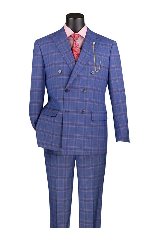 Vinci Modern Trim Fit Double-Breasted Suit - Blue With Pink Glenplaid